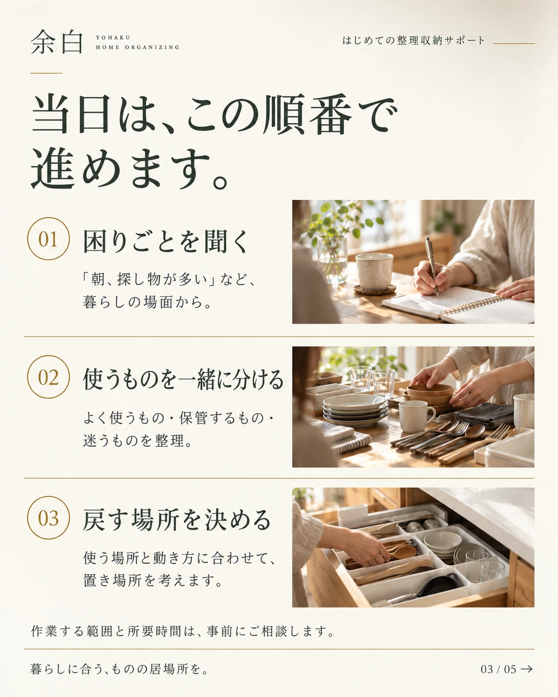 当日はこの順番で進めます。1 困りごとを聞く。2 使うものを一緒に分ける。3 戻す場所を決める。作業範囲と所要時間は事前に相談します。
